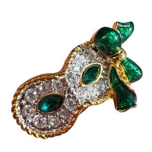 Swarovski Crystal Green White Masquerade Mardi Gras Owl Face Mask Pin Enamel Bow